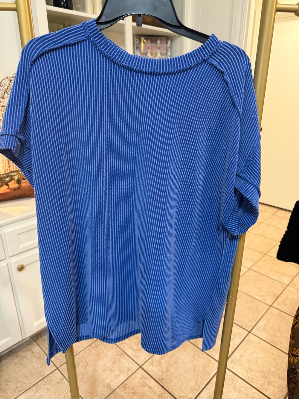 Blue Ribbed Oversized Short Sleeve Top Size XL